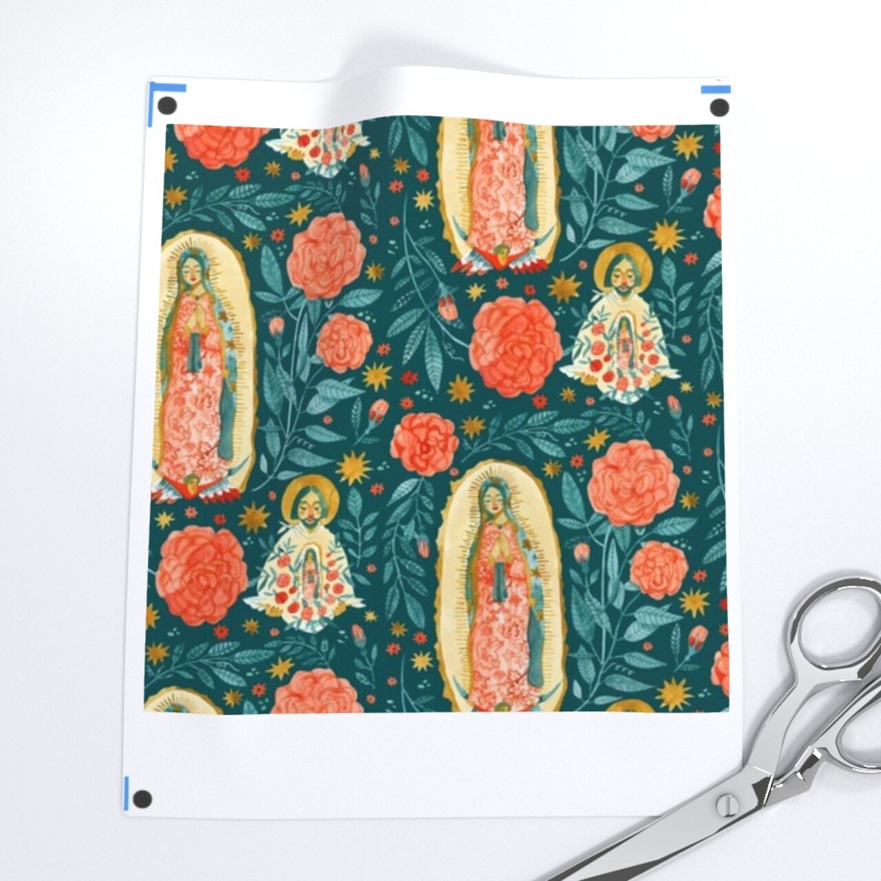 Teal Floral Guadalupe Rose Religion Catholic Christianity Custom Printed Fabric by Spoonflower Various Fabrics by the Yard or Fat Quarter